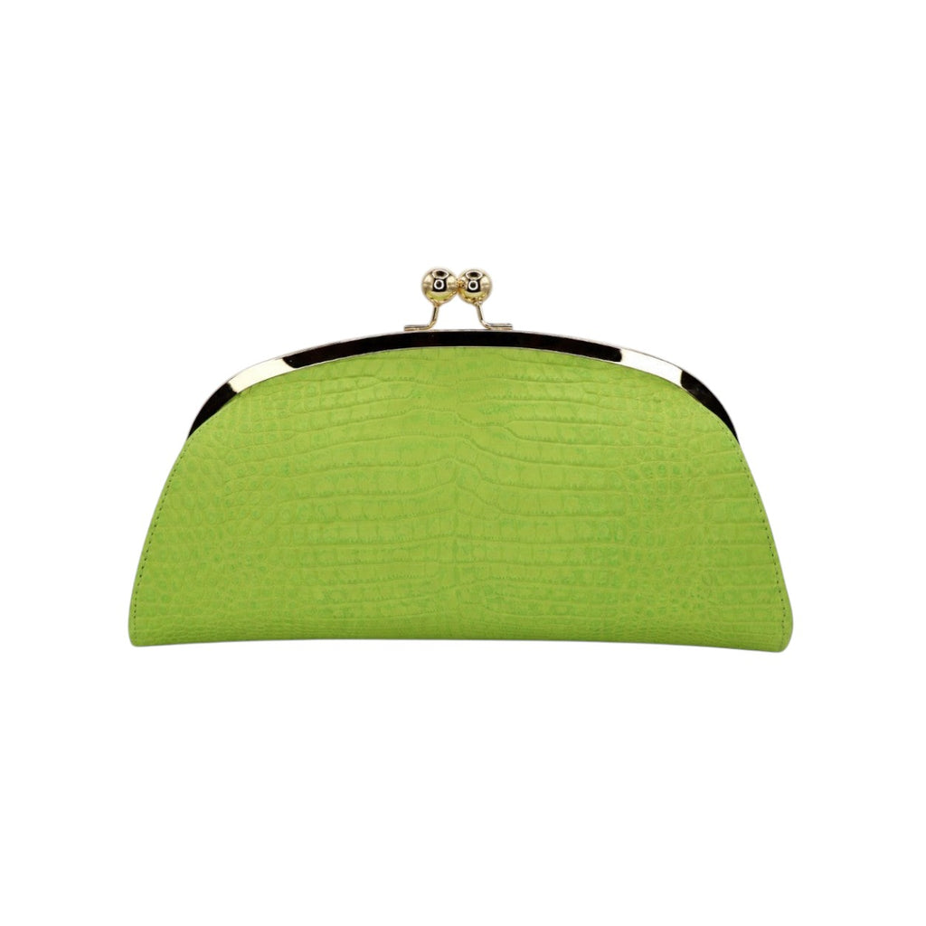 Clutch rígida Jesalin Aluna en piel bovina grabada color verde limón con marco metálico dorado y cierre kiss lock