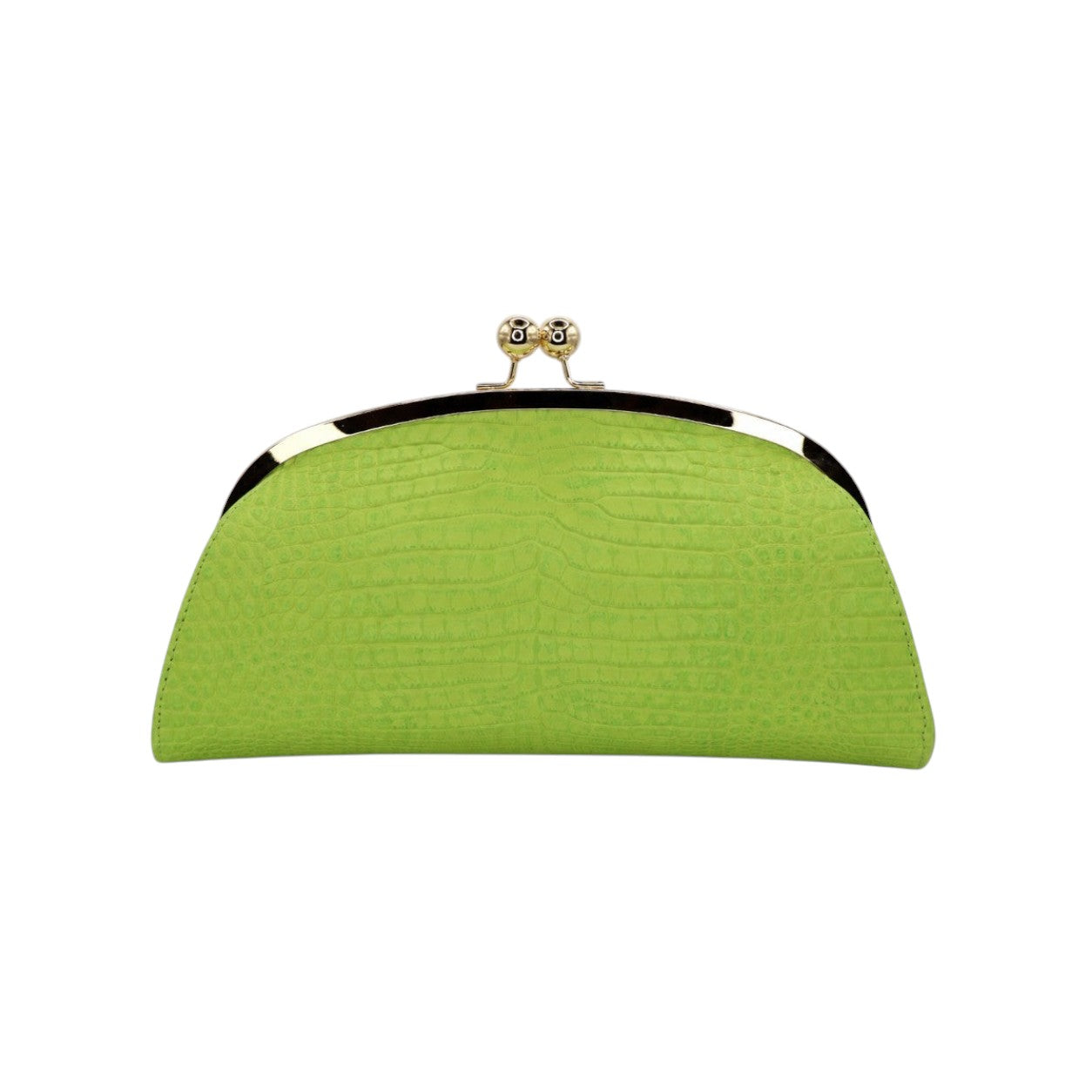 Clutch rígida Jesalin Aluna en piel bovina grabada color verde limón con marco metálico dorado y cierre kiss lock