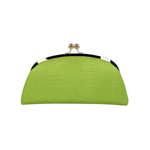 Clutch rígida Jesalin Aluna en piel bovina grabada color verde limón con marco metálico dorado y cierre kiss lock