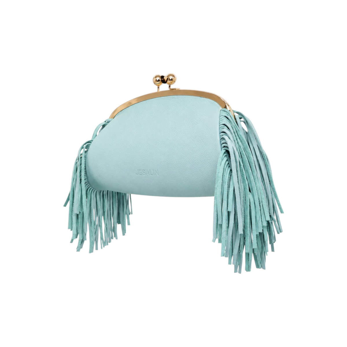 Jesalin mint green grained leather clutch with gold kiss lock frame and long side fringe detail