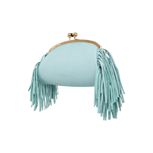 Jesalin mint green grained leather clutch with gold kiss lock frame and long side fringe detail