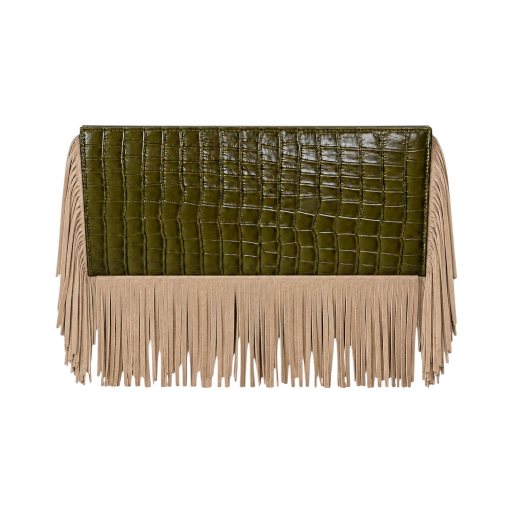 Jesalin Riga olive green crocodile-embossed leather clutch with long nude suede fringe details