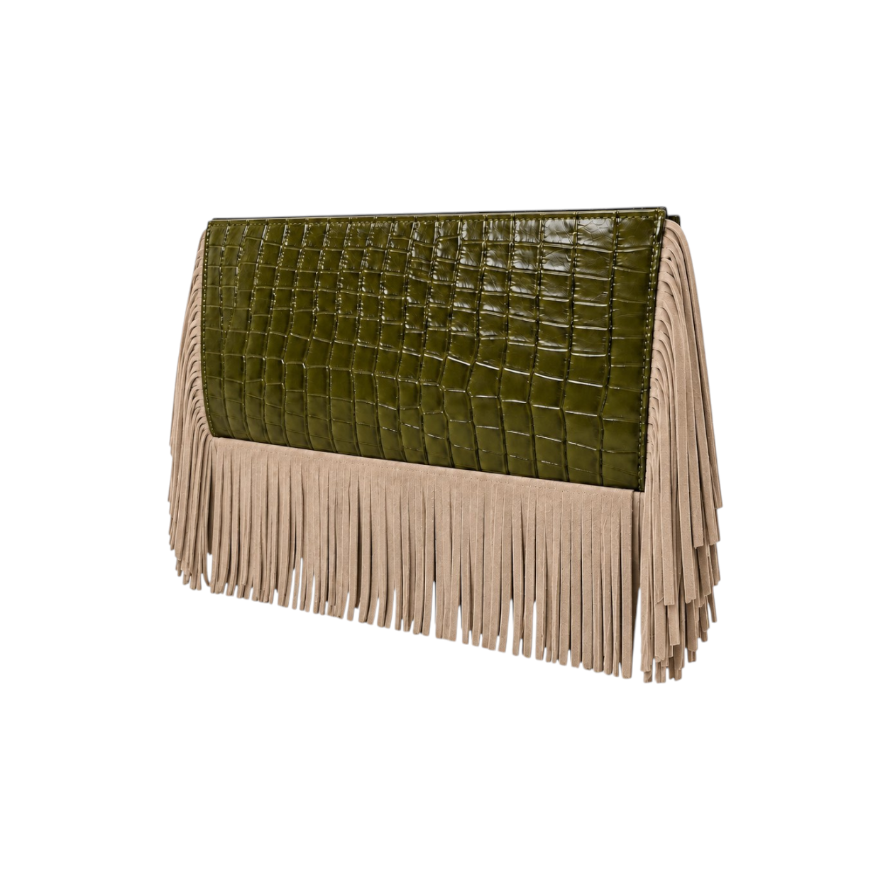 Jesalin Riga olive green crocodile-embossed leather clutch with long nude suede fringe detail