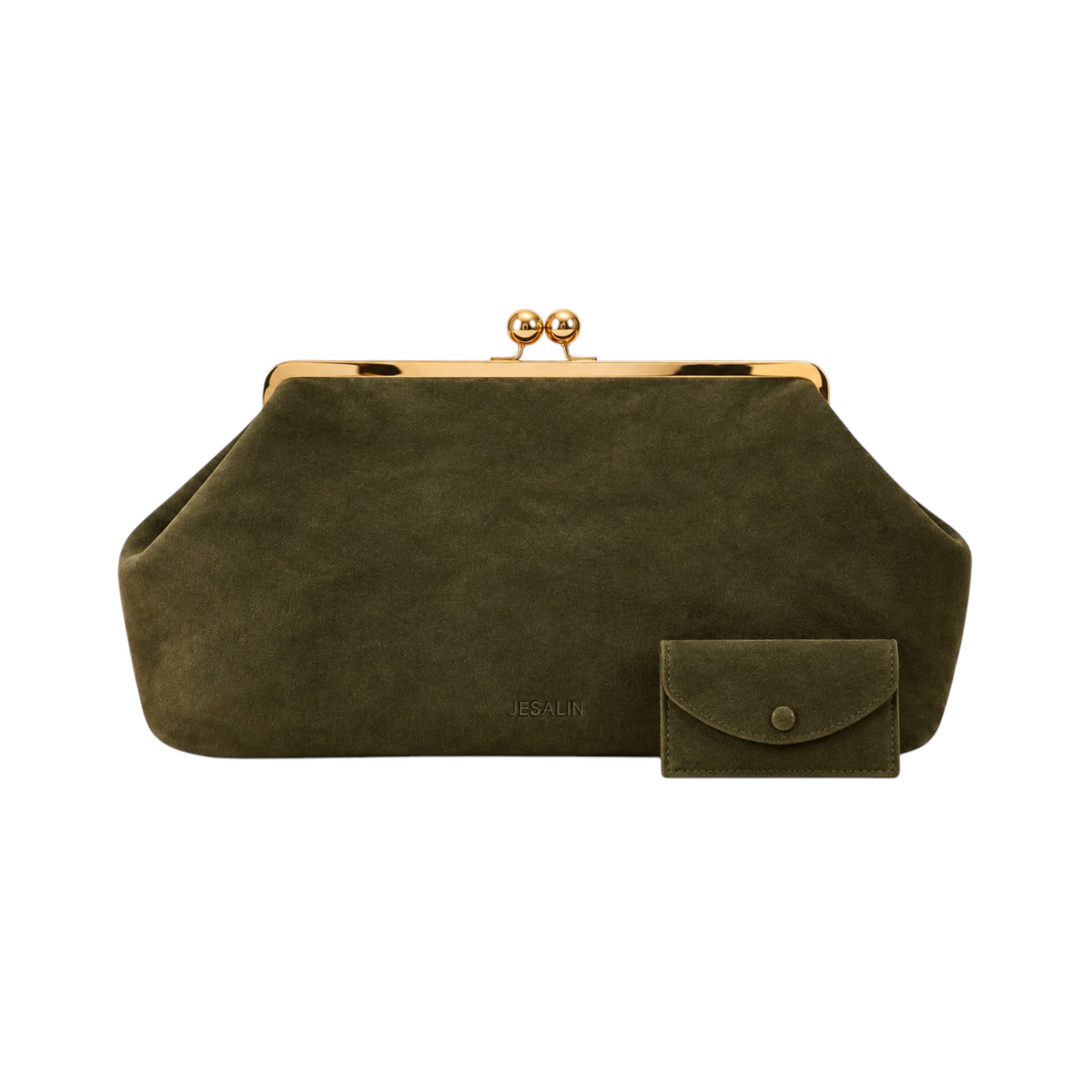 Jesalin Sette olive green suede clutch bag with gold kiss-lock clasp and matching small coin purse
