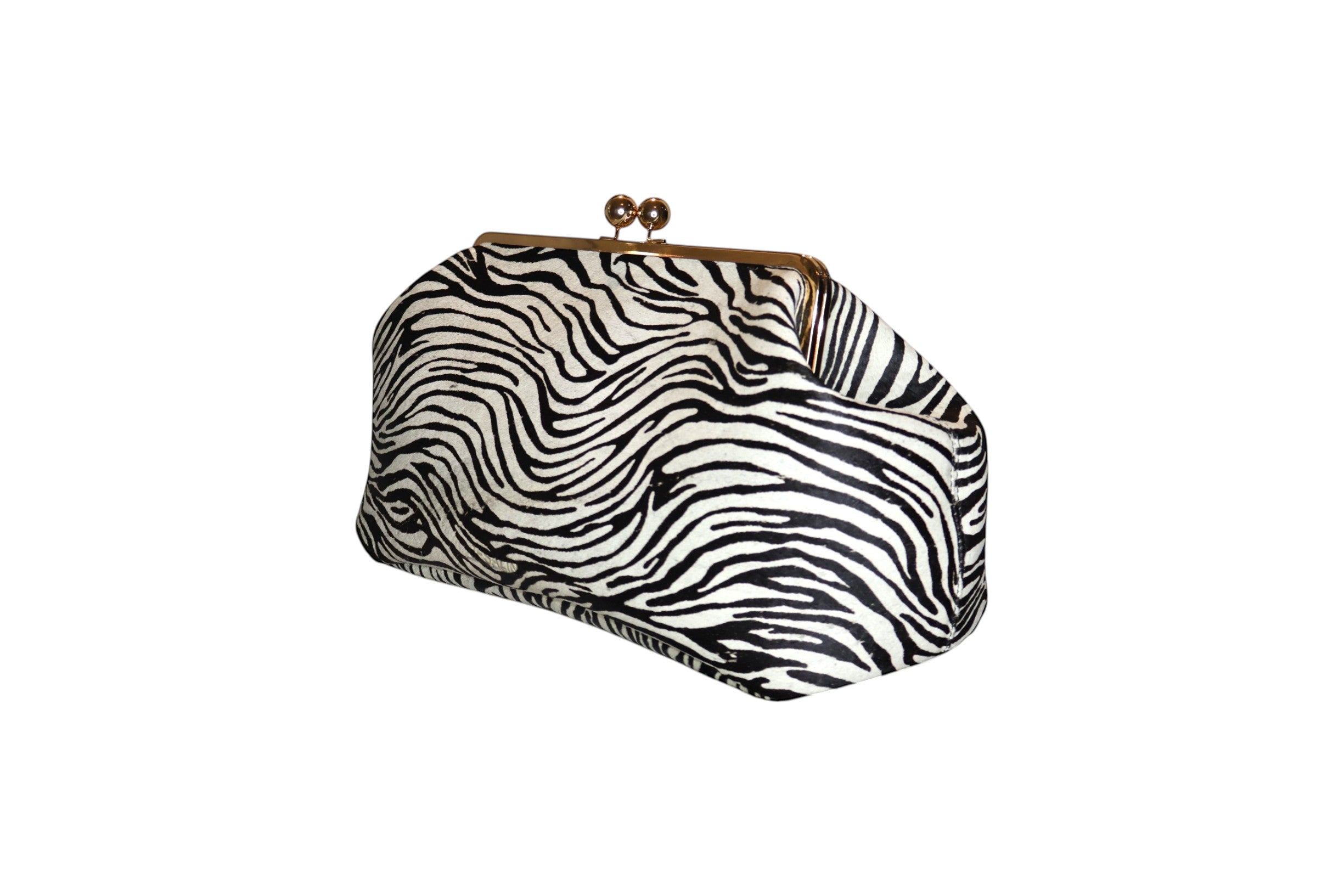 Pouch extra grande Jesalin con estampado de cebra en piel bovina con pelo y cierre metálico dorado estilo retro