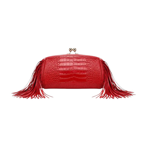 Jesalin Aluna red crocodile embossed leather clutch with long fringe and gold kiss lock closure