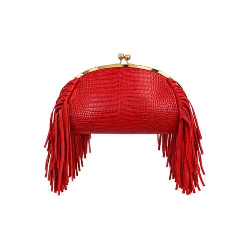 Jesalin Aluna red crocodile-embossed leather clutch with long fringe and gold kiss lock frame