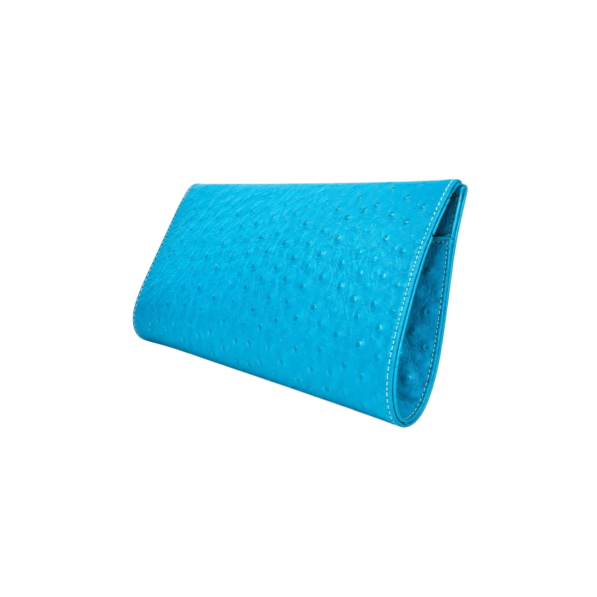 Jesalin Riga clutch in aqua bovine leather with ostrich-style embossed texture and white contrast stitching.