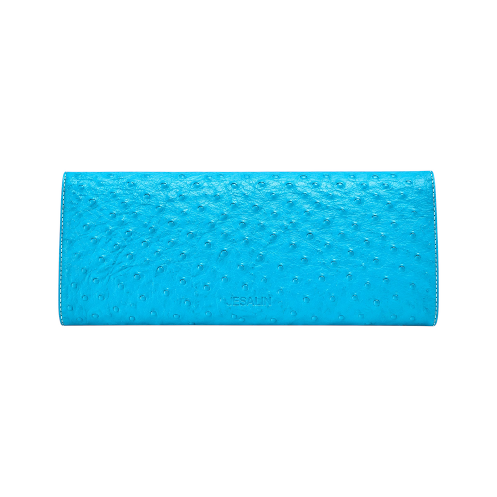 Jesalin Riga clutch in aqua bovine leather with ostrich-embossed texture and clean structured silhouette