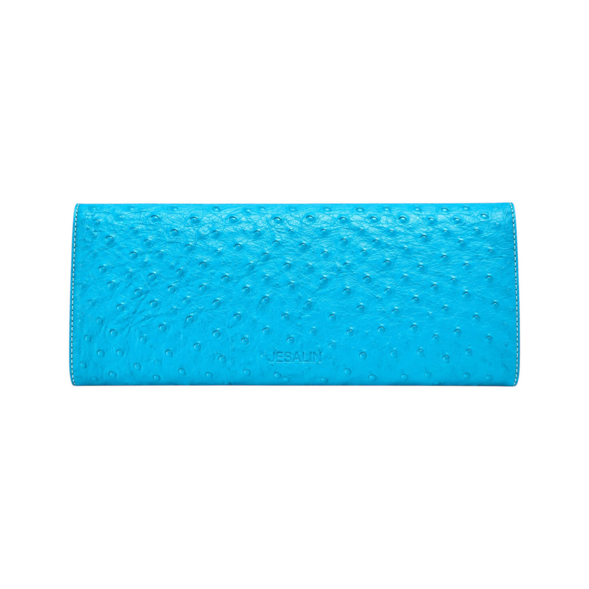 Jesalin Riga clutch in aqua bovine leather with ostrich-embossed texture and clean structured silhouette