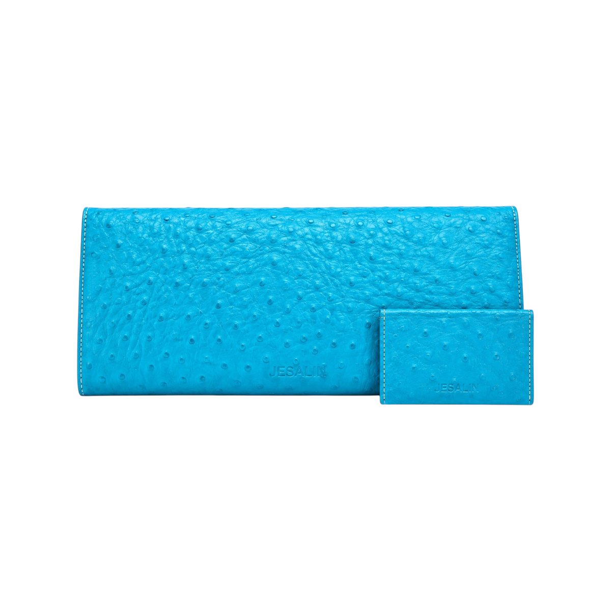 Jesalin Riga aqua clutch and matching card holder in bovine leather with ostrich-embossed texture and magnetic closure