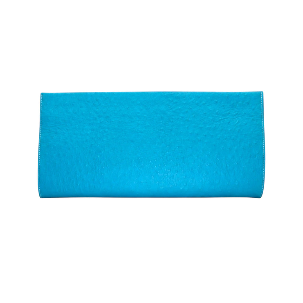 Jesalin Riga clutch in aqua blue bovine leather with an ostrich-embossed texture and a sleek, structured silhouette.