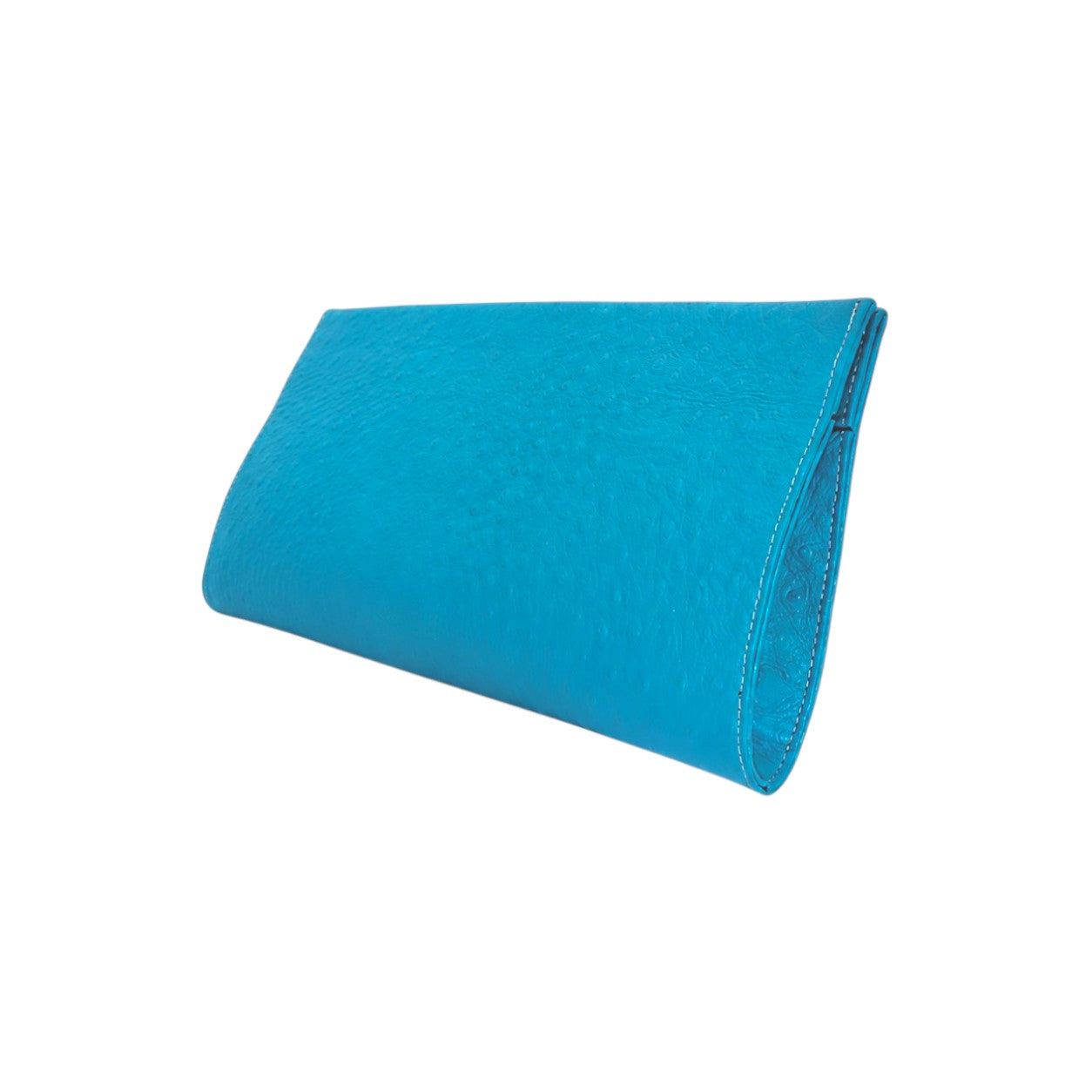 Jesalin Riga clutch in bright aqua blue bovine leather with an ostrich-embossed texture and magnetic closure.