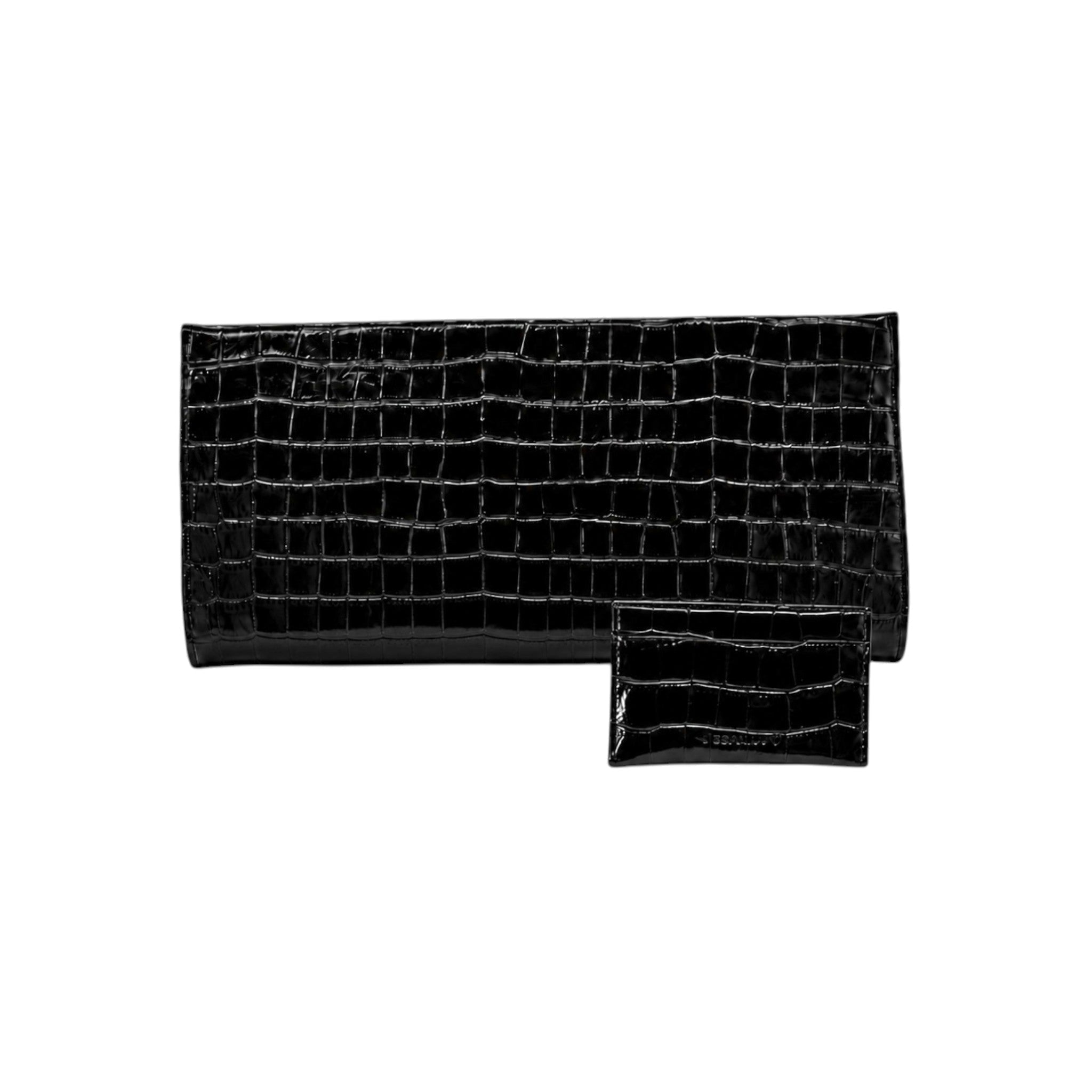 Jesalin Riga black genuine leather clutch with crocodile embossed texture and matching small wallet