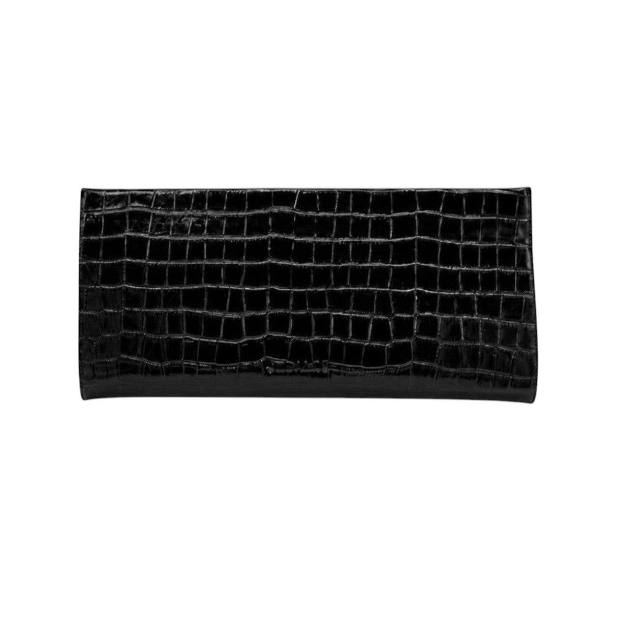 Jesalin Riga clutch in black genuine leather with a structured, elongated silhouette and crocodile-effect texture.