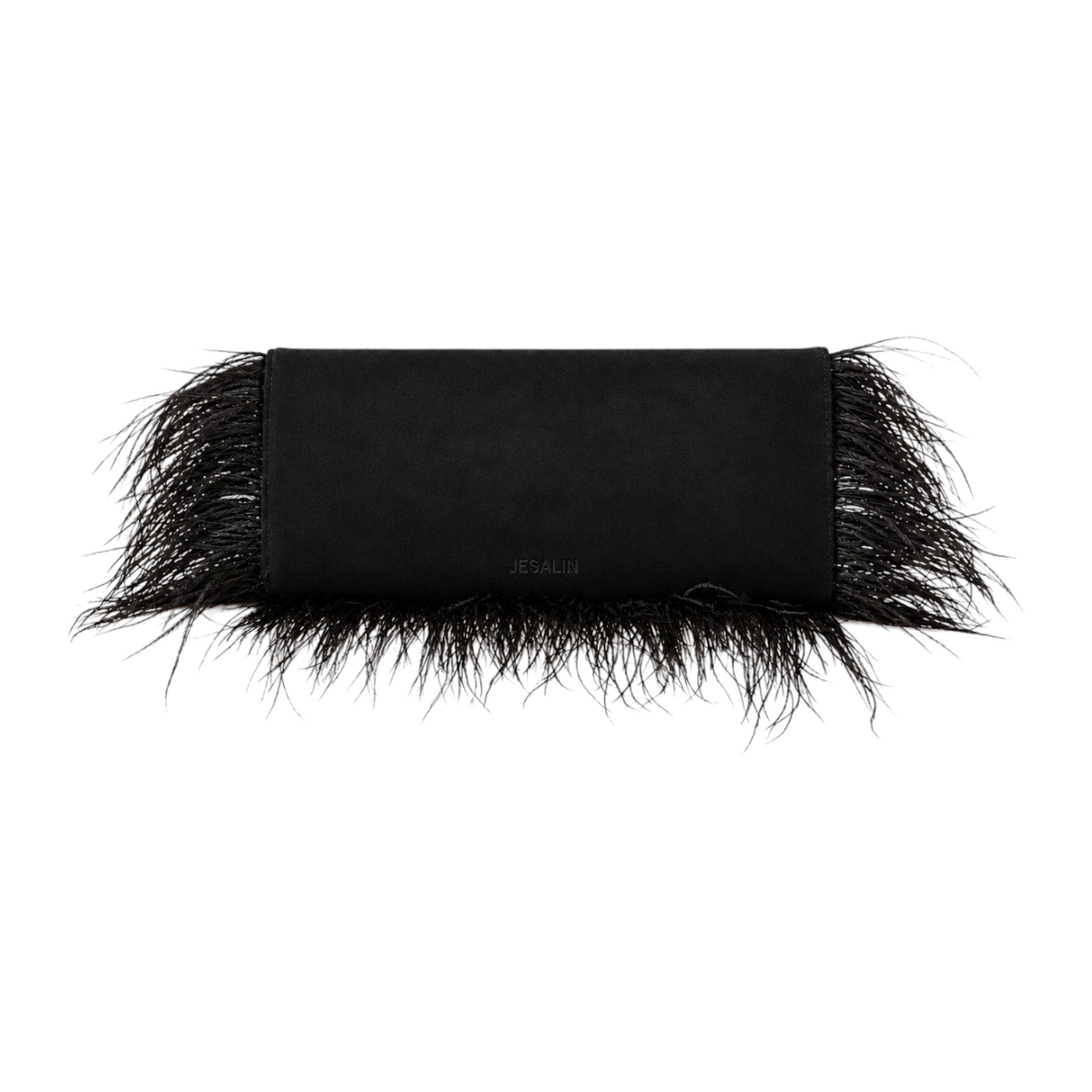 Jesalin Riga clutch in black suede with natural ostrich feather trim and magnetic closure