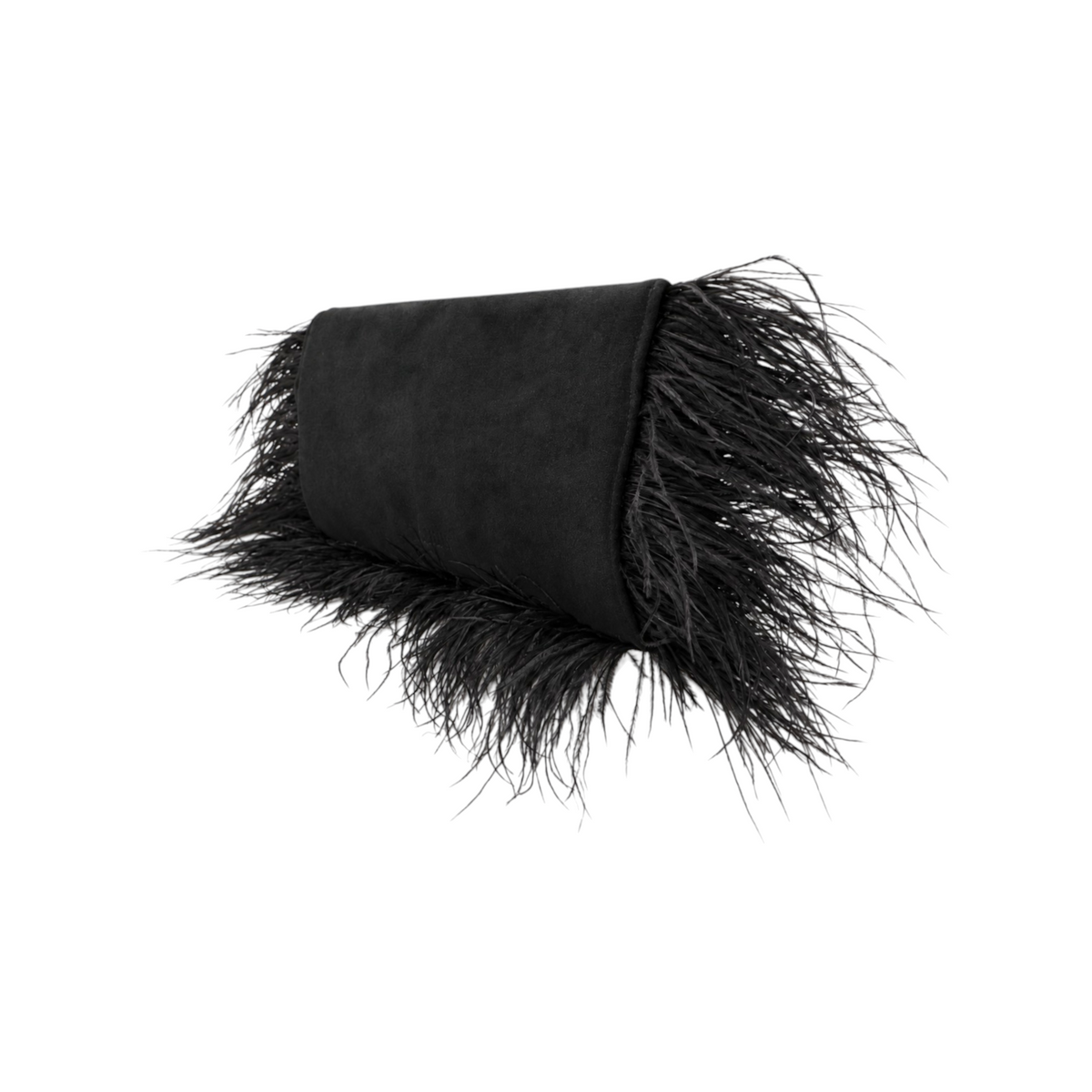 Jesalin Riga clutch bag in black suede with natural ostrich feathers on a white background