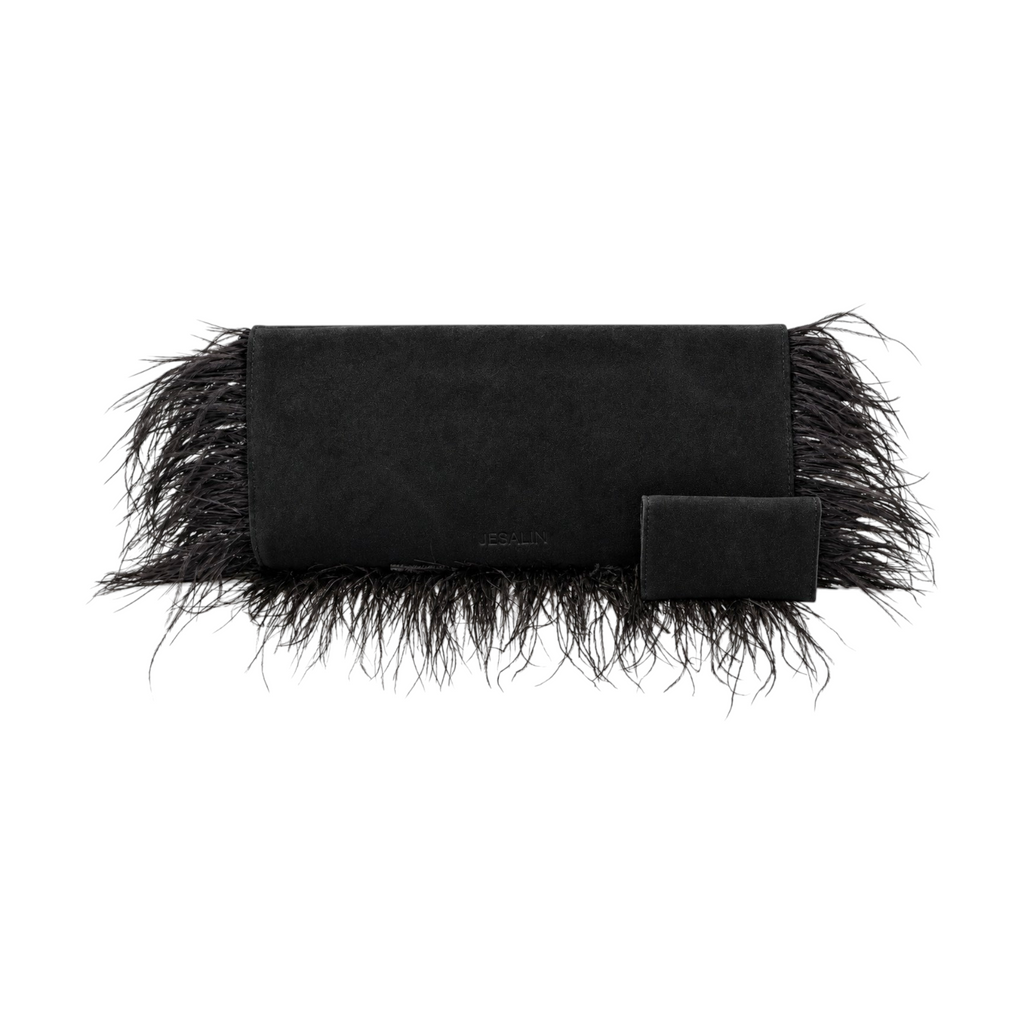 Jesalin Riga black suede clutch bag with natural ostrich feather trim and magnetic closure