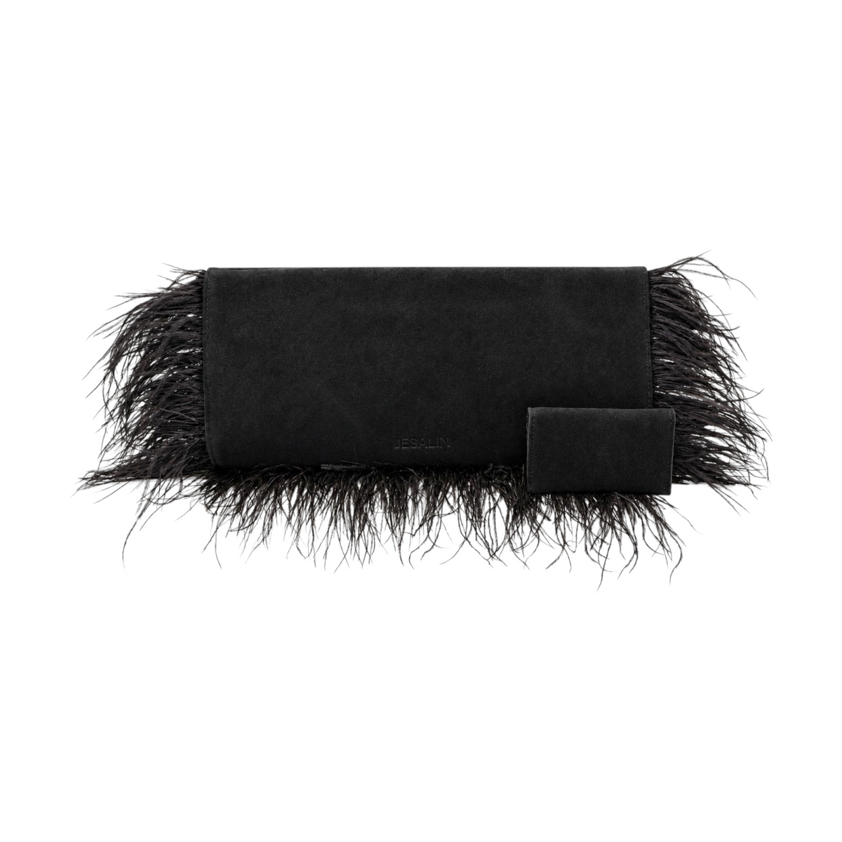 Jesalin Riga black suede clutch bag with natural ostrich feather trim and magnetic closure