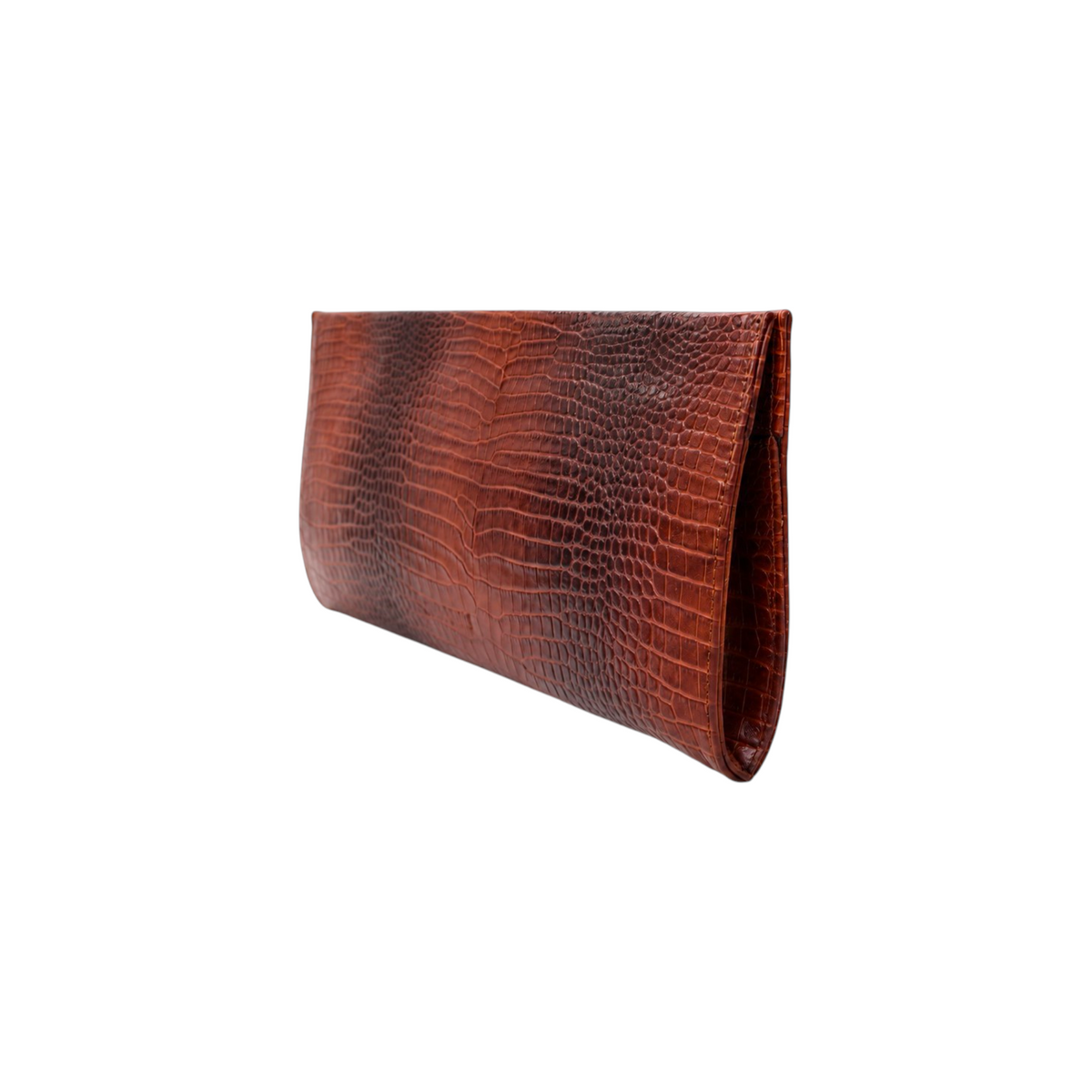 Jesalin Riga clutch bag in cafe brown glossy crocodile-embossed leather with a structured, elongated silhouette.