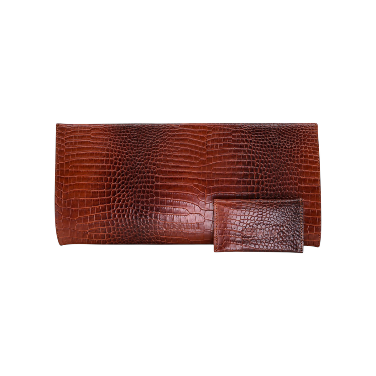 Jesalin Riga clutch in cafe glossy crocodile-embossed bovine leather with matching card holder on white background