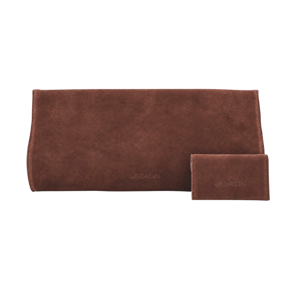 Jesalin Riga clutch in cafe brown suede with matching leather card holder, featuring a structured minimalist design.