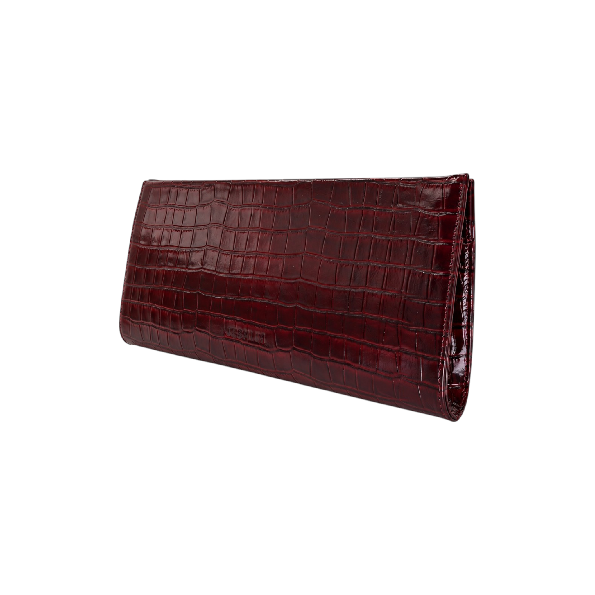 Jesalin Riga clutch in glossy wine-colored bovine leather with a sophisticated crocodile-embossed texture.
