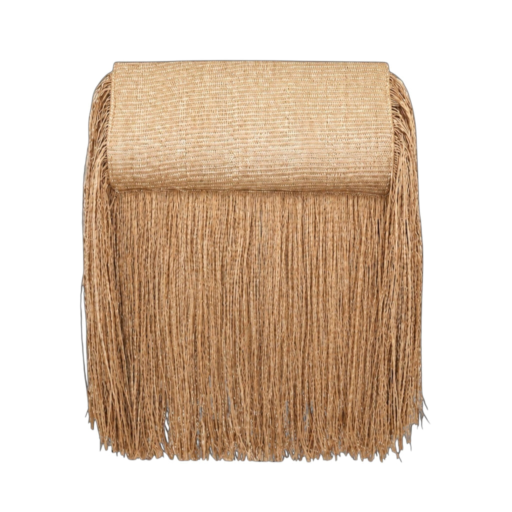 Jesalin Riga handbag in natural raffia with long flowing fringe detail and structured rectangular silhouette