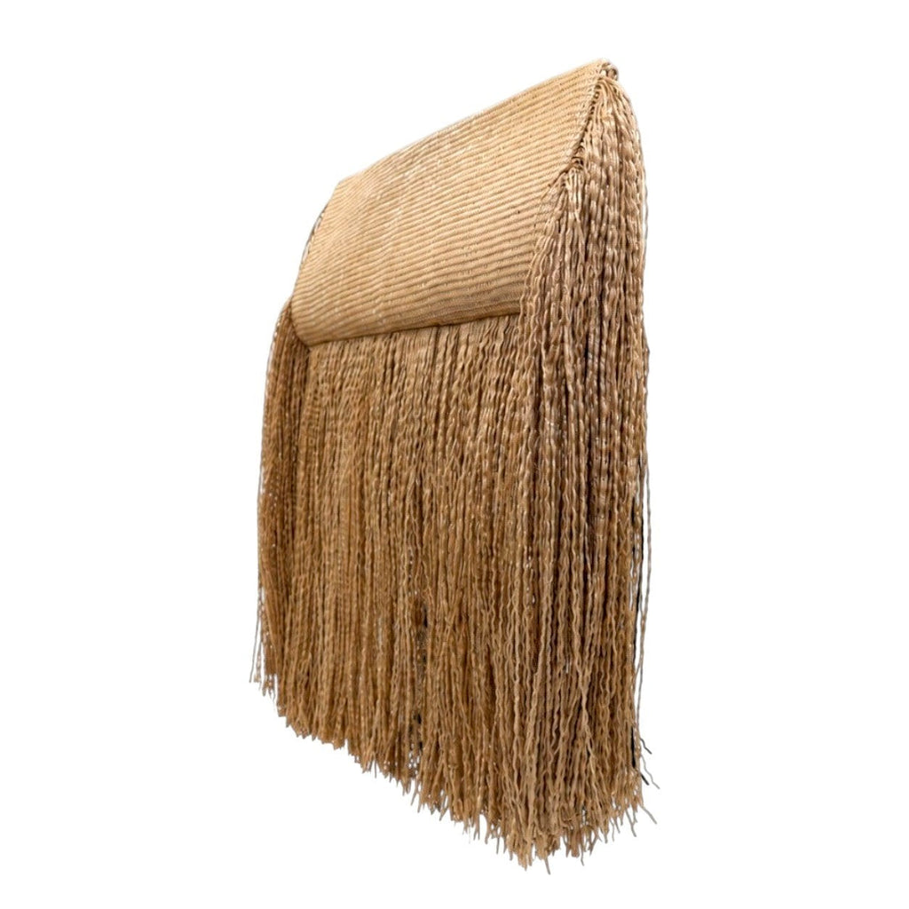 Jesalin Riga bag in natural raffia with long decorative fringe, featuring a structured silhouette and magnetic closure