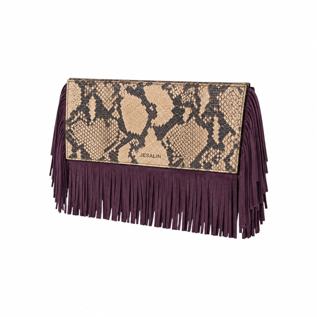 Jesalin Riga clutch in snakeskin-print leather with long purple fringe and magnetic closure