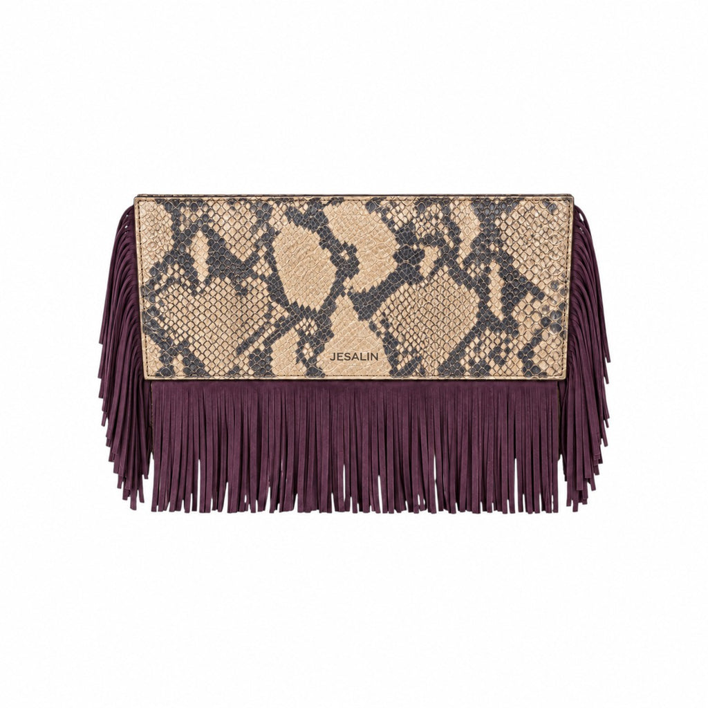 Jesalin Riga clutch in snakeskin-print leather with long purple fringe and magnetic closure
