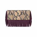Jesalin Riga clutch in snakeskin-print leather with long purple fringe and magnetic closure