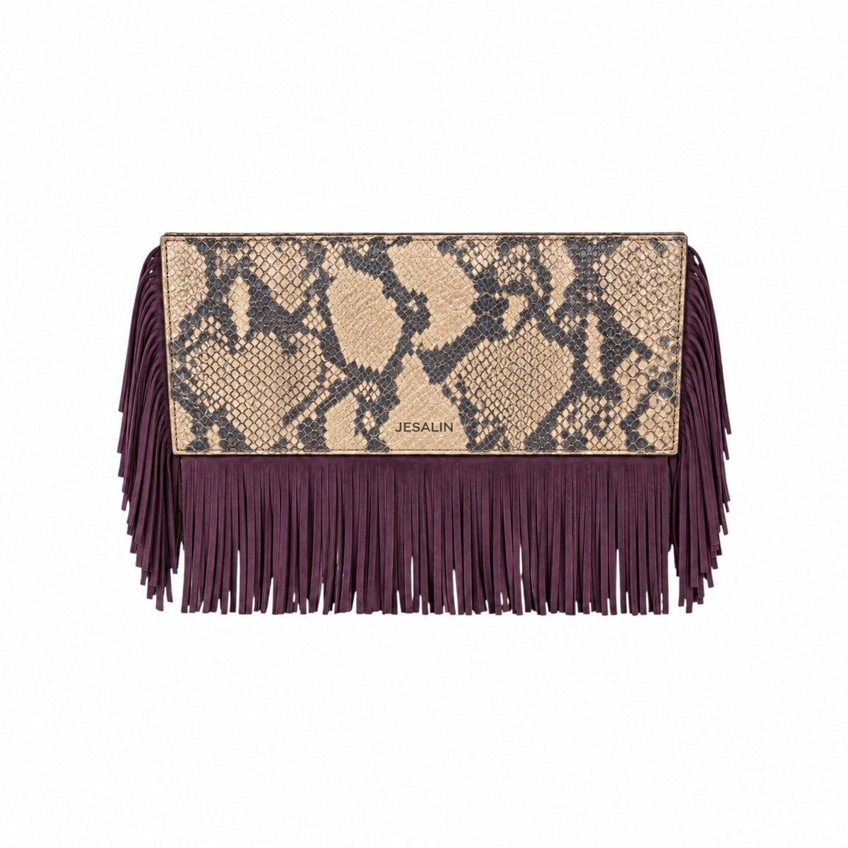 Jesalin Riga clutch in snakeskin-print leather with long purple fringe and magnetic closure