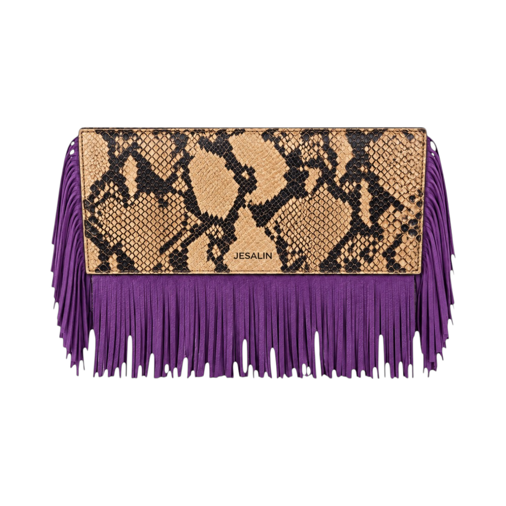 Jesalin Riga clutch in snakeskin-print leather with vibrant purple leather fringe and magnetic closure.
