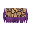 Jesalin Riga clutch in snakeskin-print leather with vibrant purple leather fringe and magnetic closure.