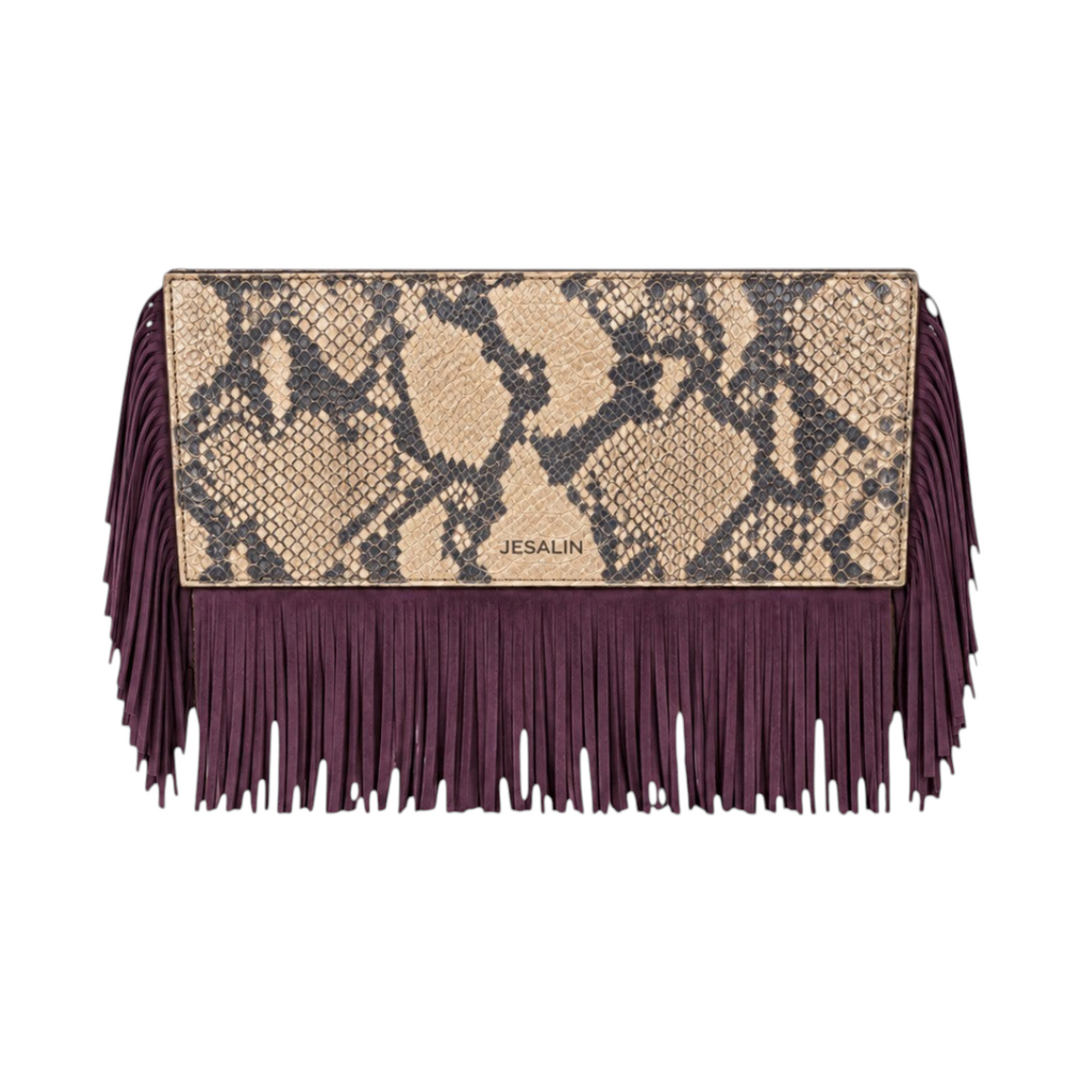 Jesalin Riga clutch in snakeskin-print leather with long purple fringe and magnetic closure