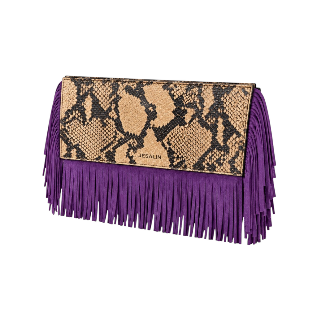 Jesalin Riga clutch in snakeskin-print leather with long purple fringe and magnetic closure