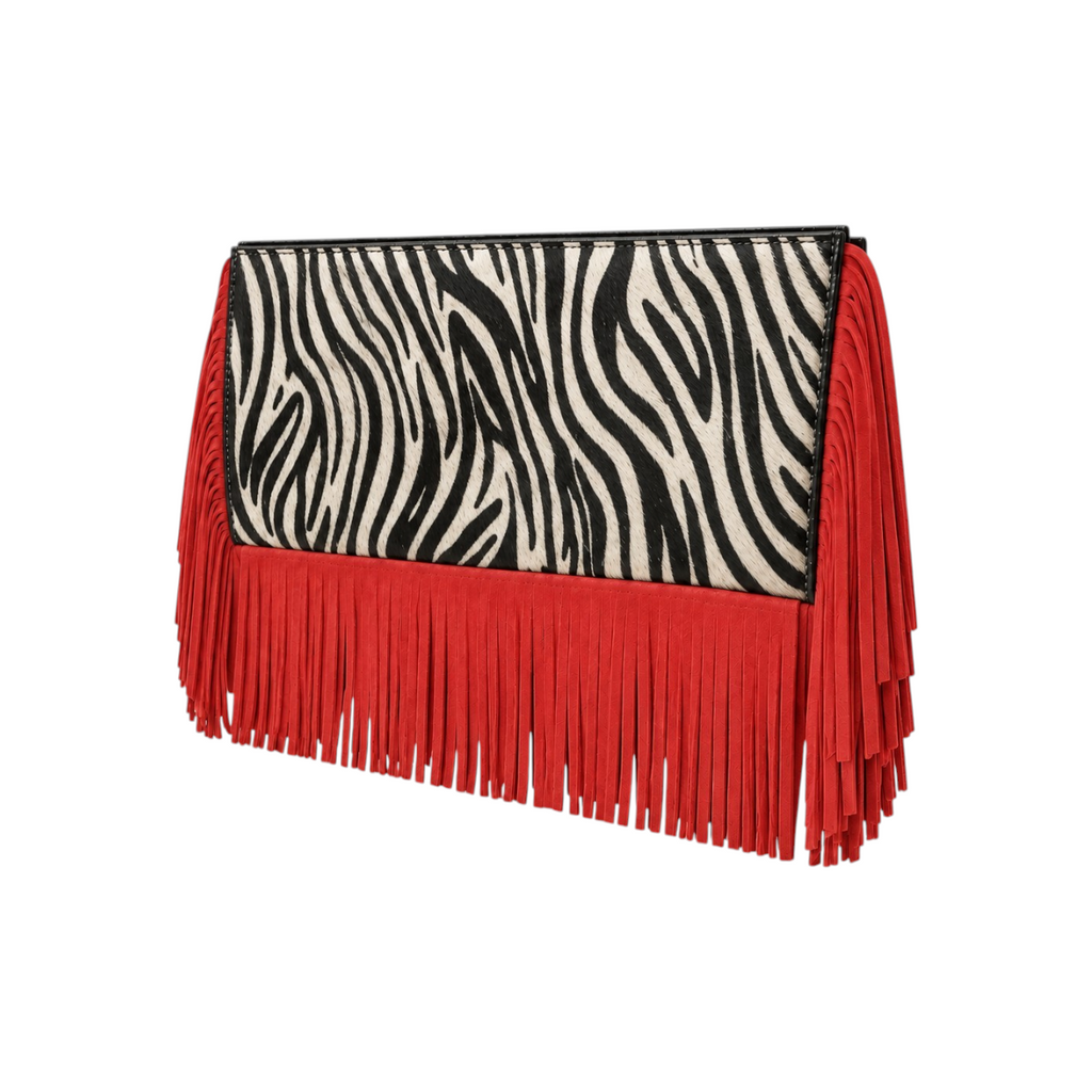 Jesalin Riga clutch in zebra print cowhide leather with vibrant red leather fringe side view