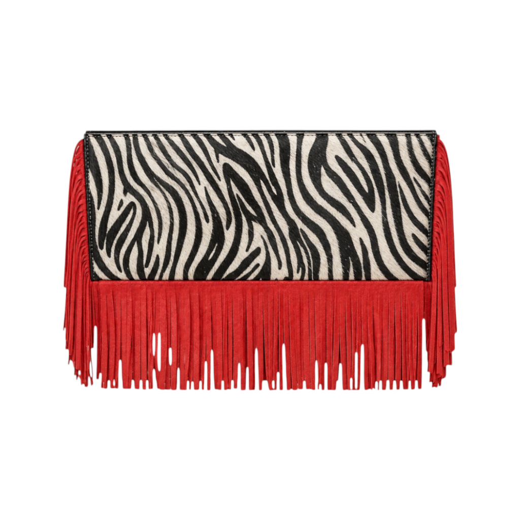 Jesalin Riga clutch in zebra print cowhide leather with bold red leather fringe detailing