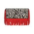Jesalin Riga clutch in zebra print cowhide leather with bold red leather fringe detailing