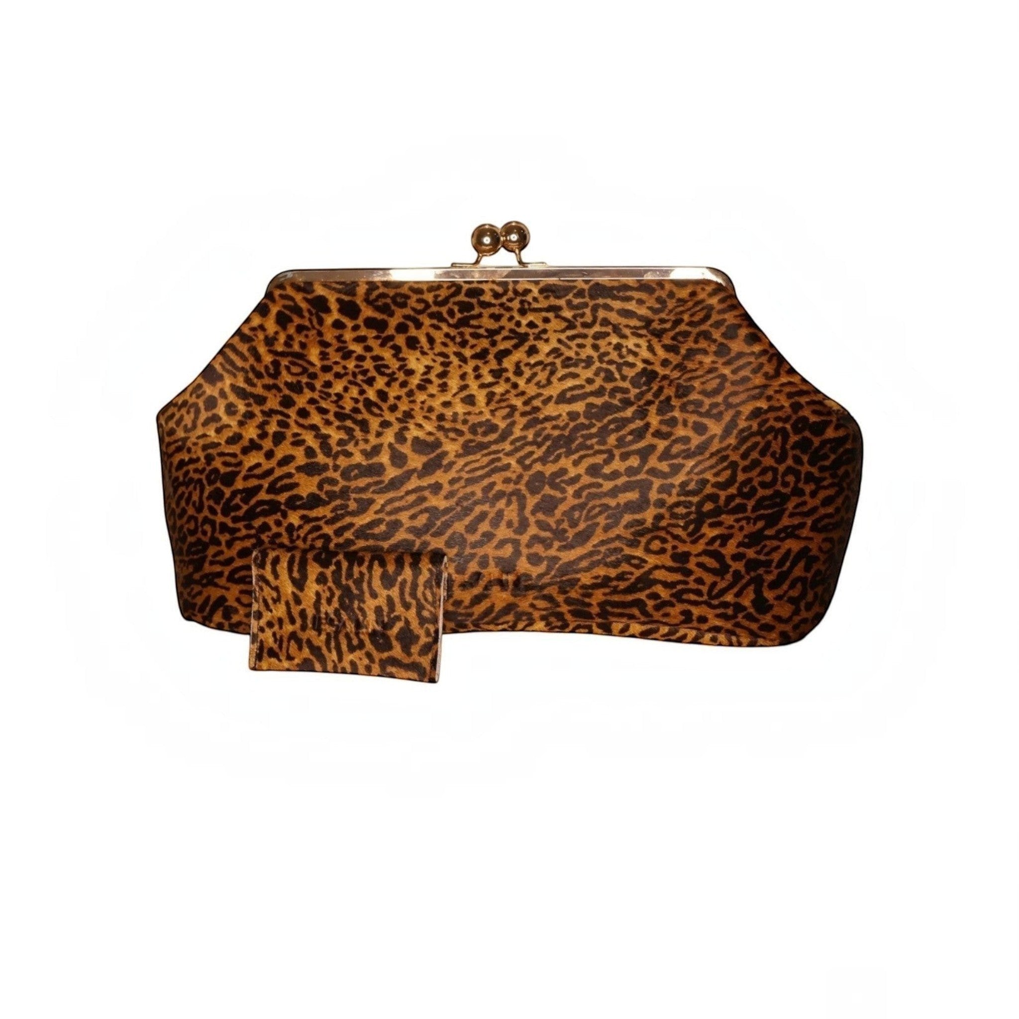 Jesalin Sette cheetah print cowhide leather structured pouch with matching card holder and vintage clasp closure