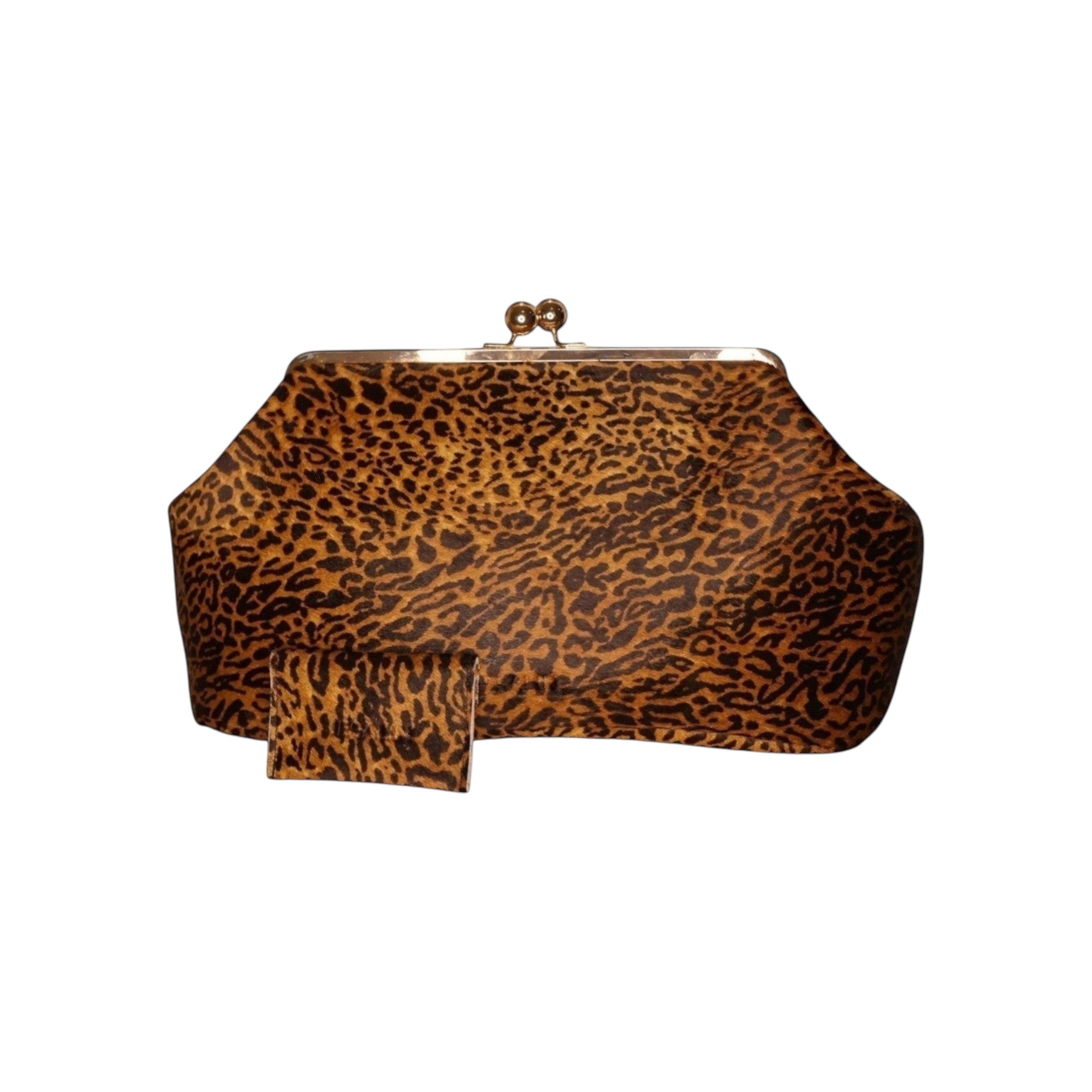Jesalin Sette cheetah print cowhide leather clutch with a structured frame and matching card holder.
