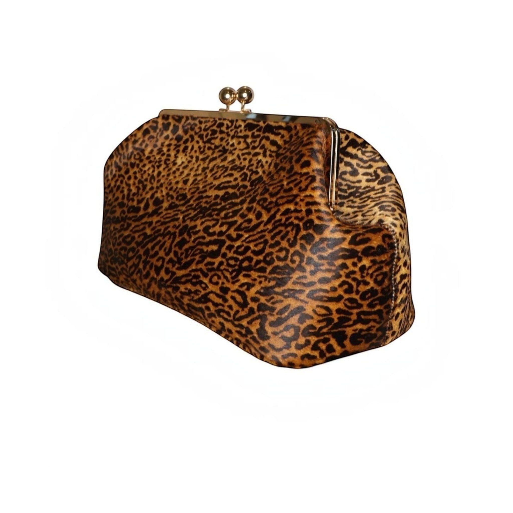 Jesalin Sette cheetah print cowhide leather structured pouch with gold frame clasp closure