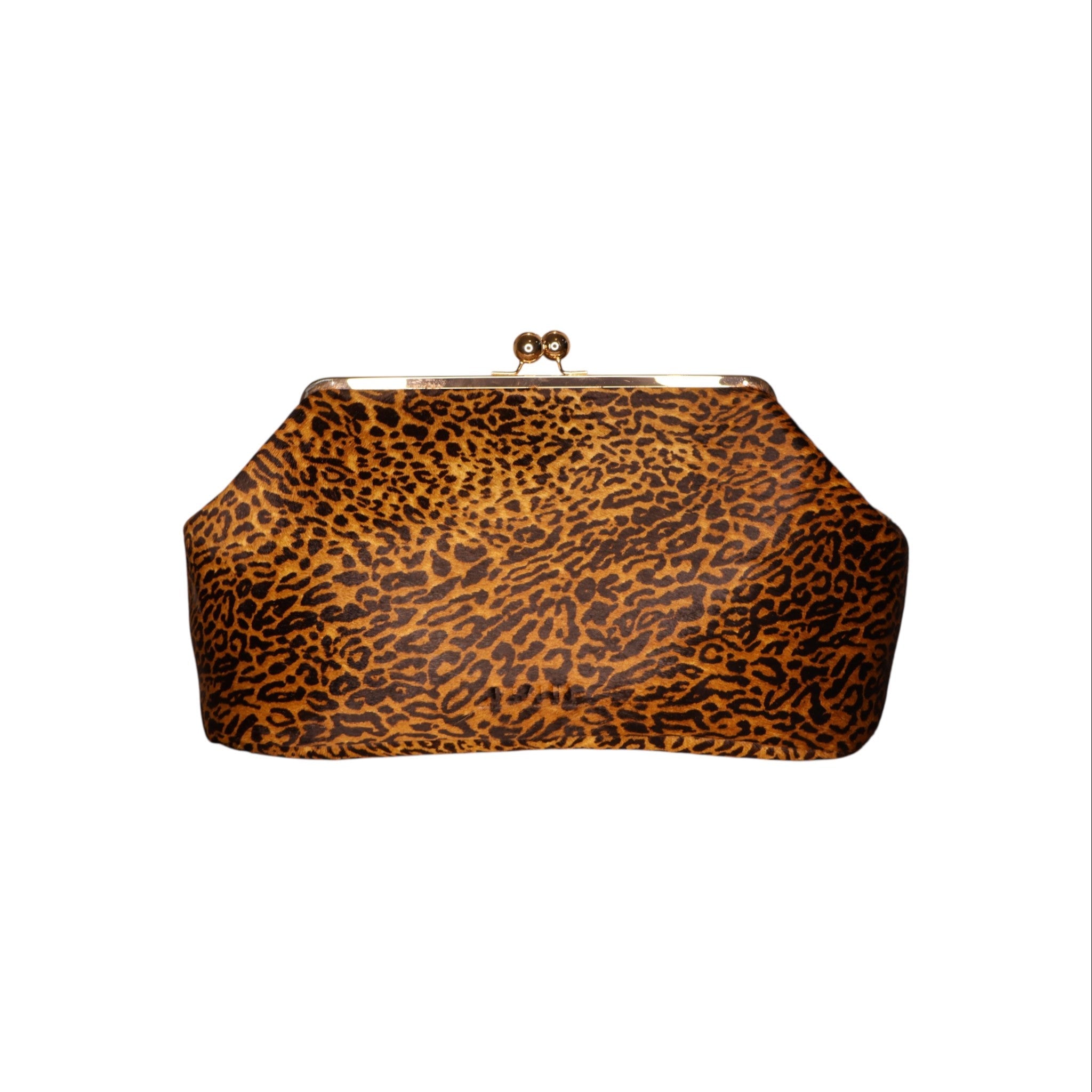Jesalin Sette cheetah print cowhide leather pouch with a structured frame and vintage-inspired metal clasp closure.