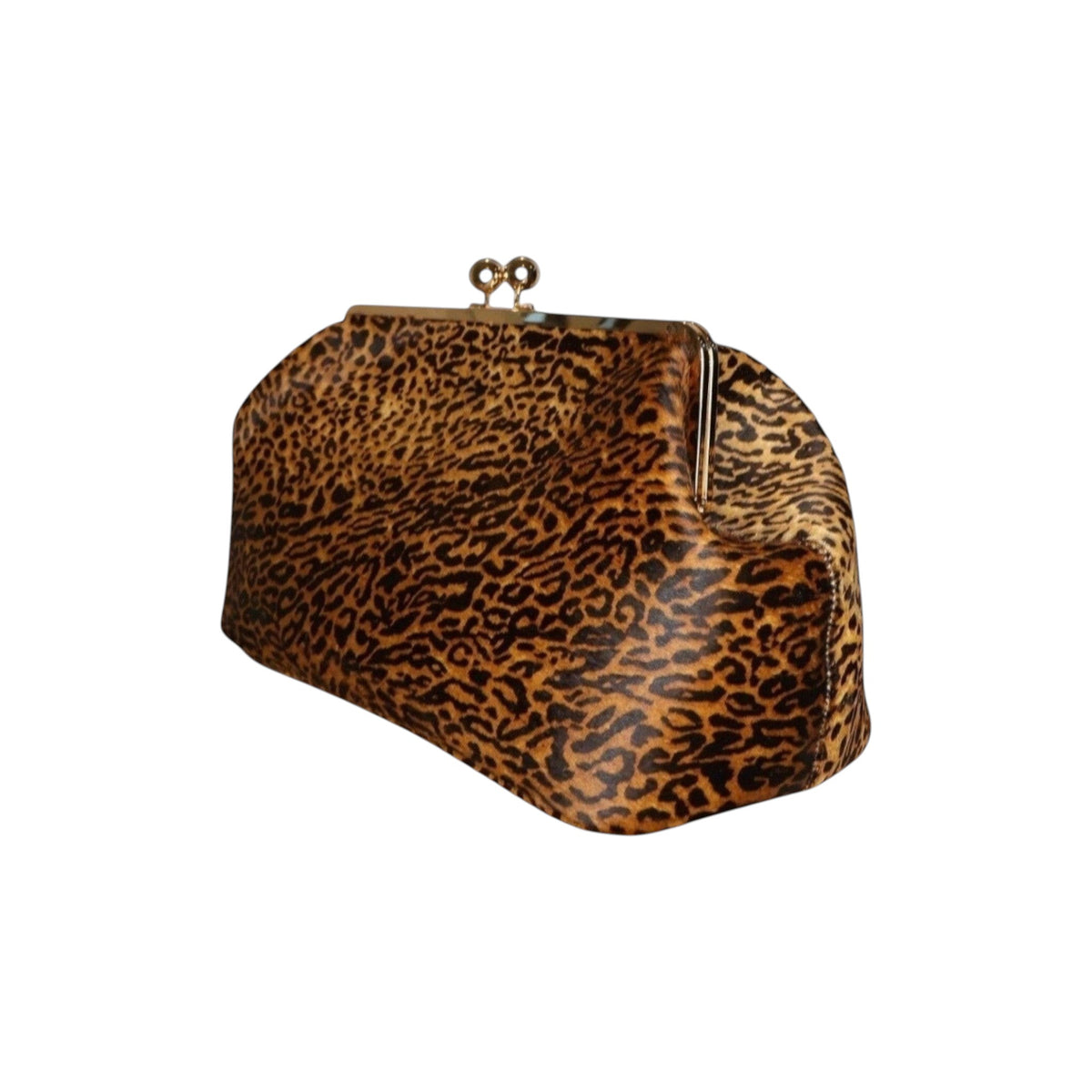 Jesalin Sette cheetah print cowhide leather pouch with a structured frame and gold clasp closure.