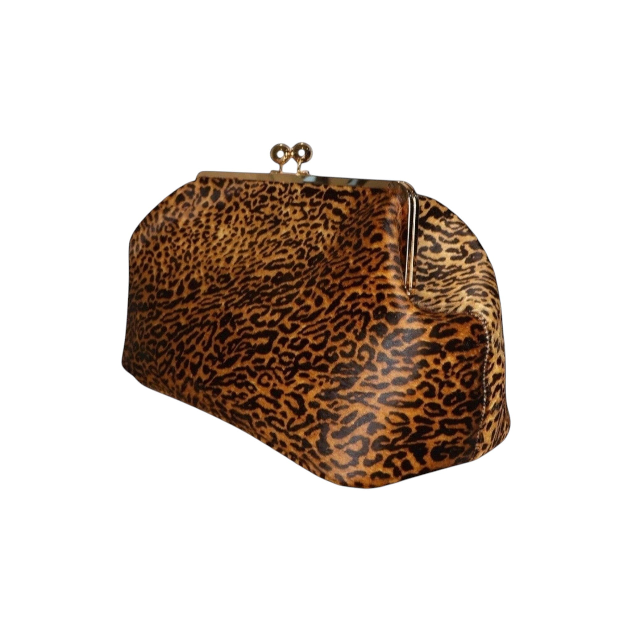 Jesalin Sette cheetah print cowhide leather structured pouch with gold frame clasp closure