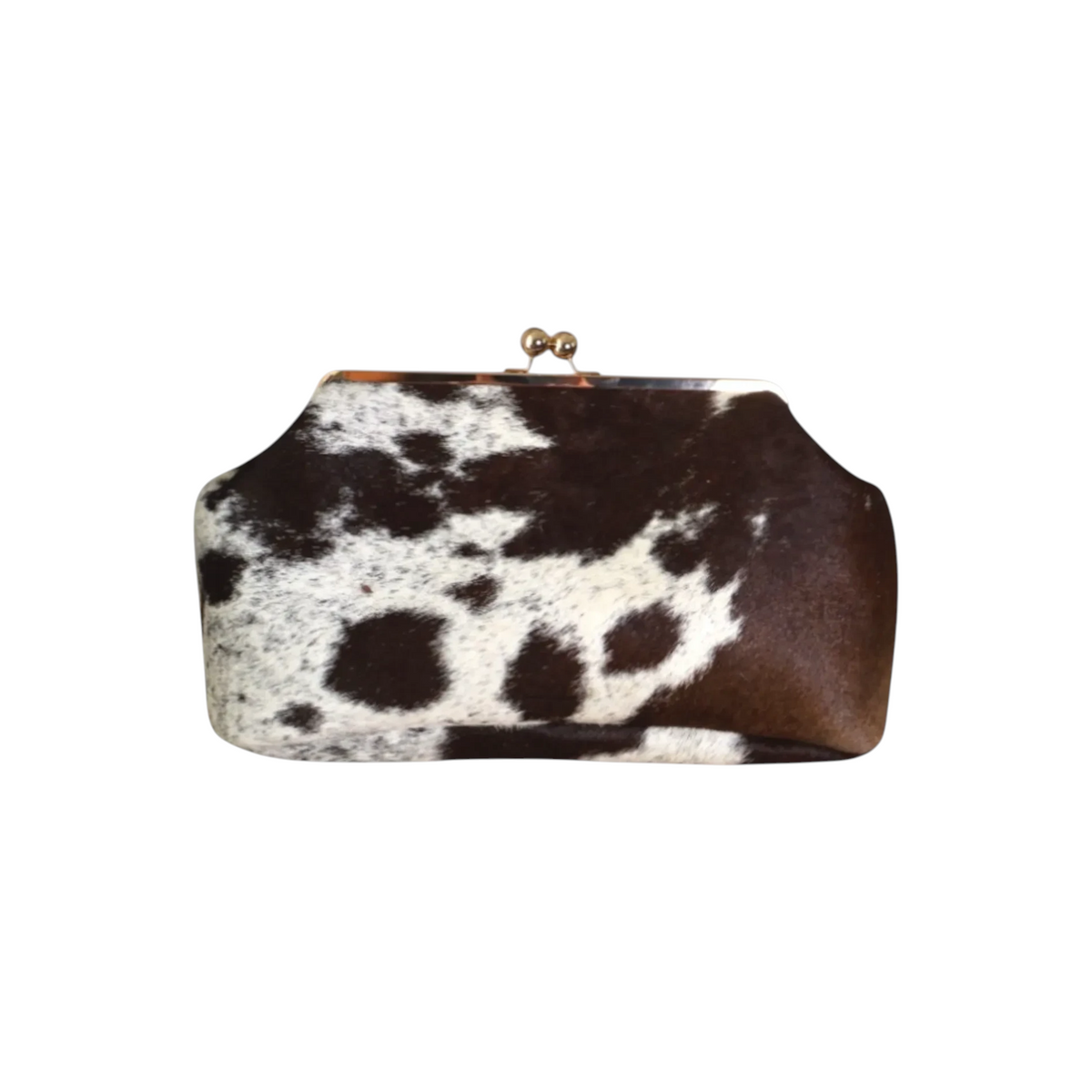 Jesalin Sette extra large structured pouch in cow print hair-on-hide leather with a vintage metal clasp closure