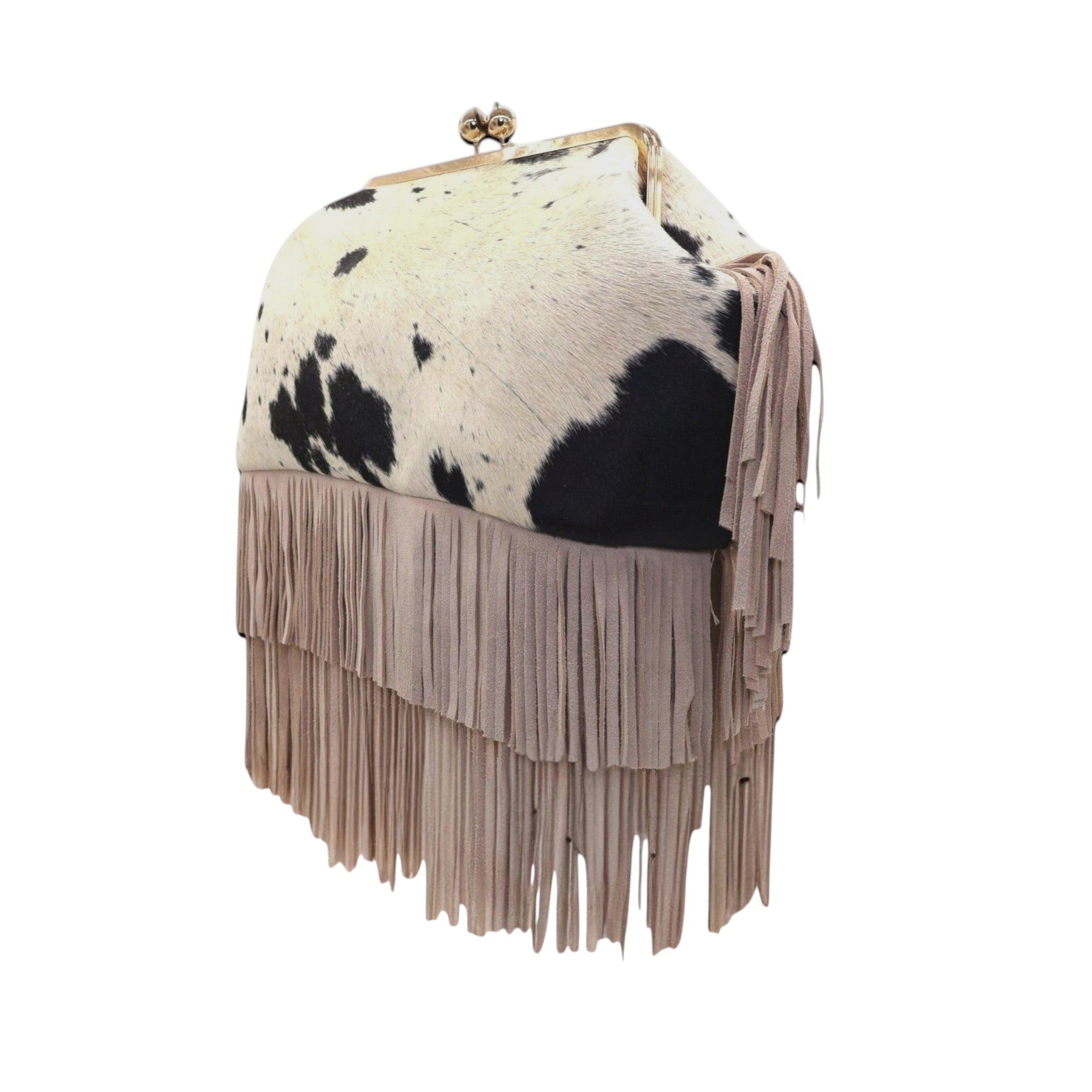 Jesalin Sette handbag in ivory and black cowhide with long taupe suede fringe and a gold kiss lock metal frame.