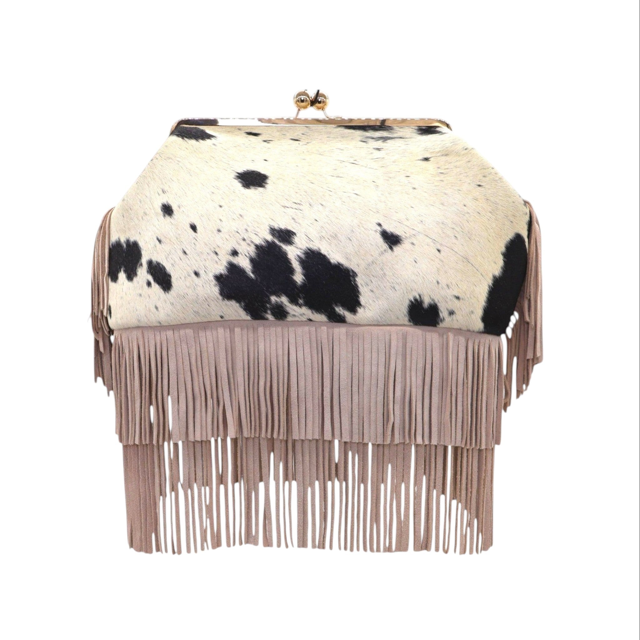 Jesalin Sette handbag in ivory and black cowhide with long taupe suede fringe and a gold kiss lock frame.