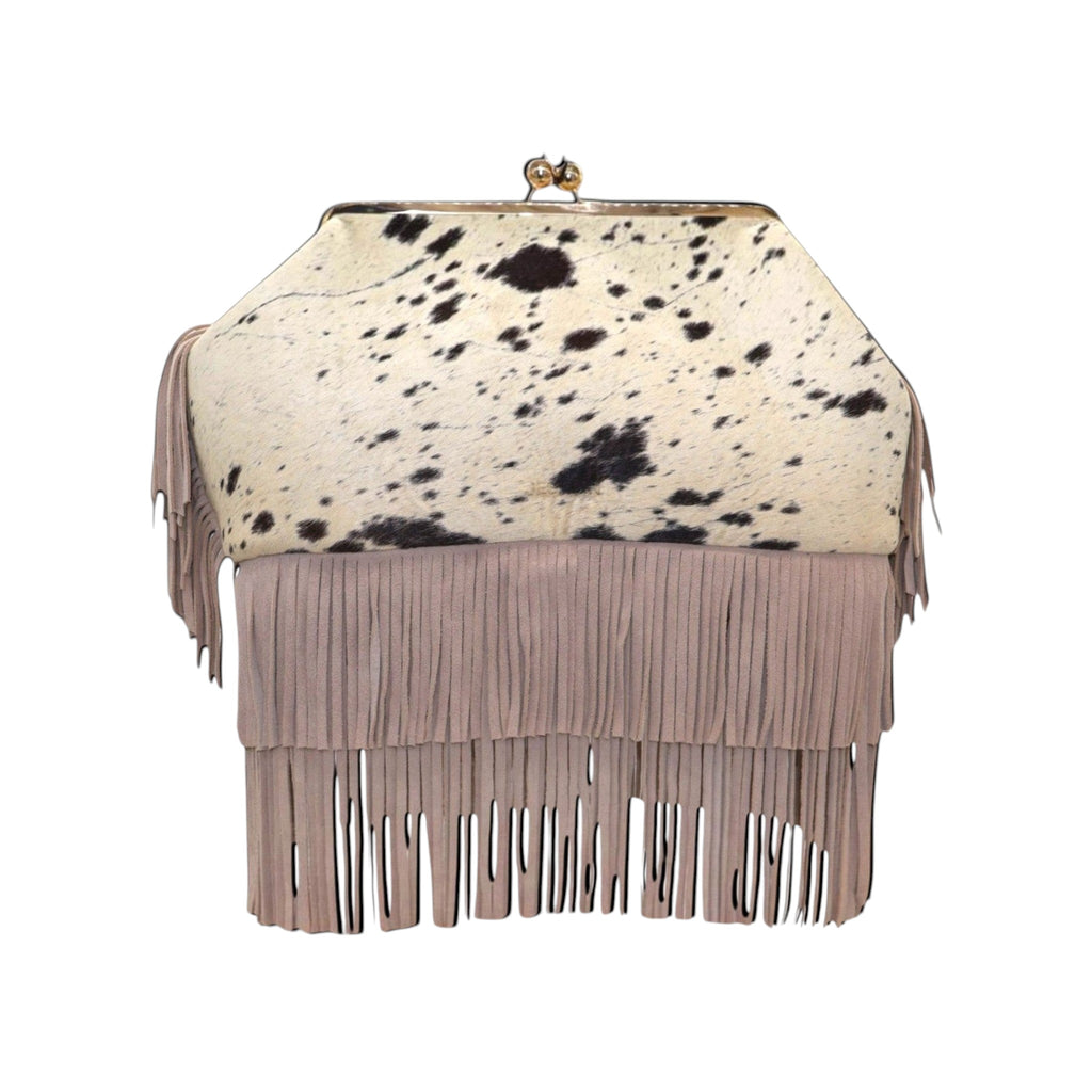 Jesalin Sette handbag in ivory and black cowhide with long taupe suede fringe and a gold kiss lock metal frame.